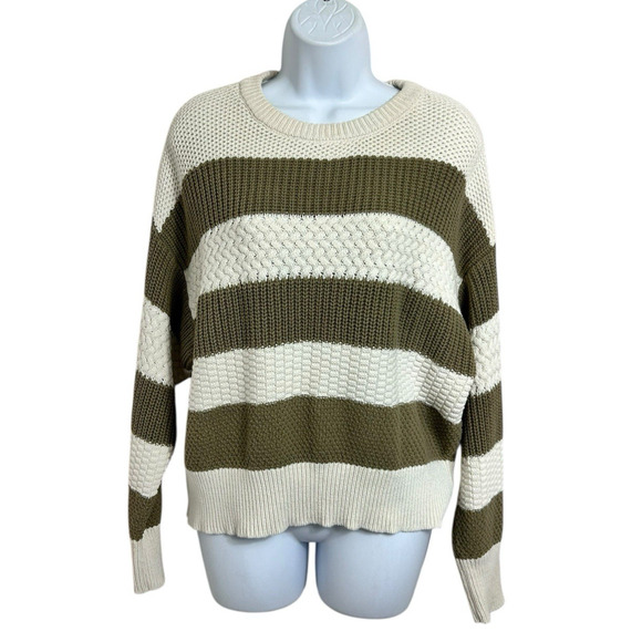 A New Day Crewneck Pullover Sweater Sz L Striped Olive Green and Cream Cozy Knit - Picture 7 of 7